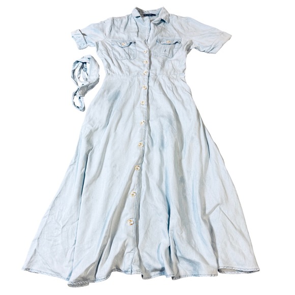 NWT Lulus Size Small Pleasant Cutie Blue Chambray Collared Midi Dress Pockets - Picture 4 of 11